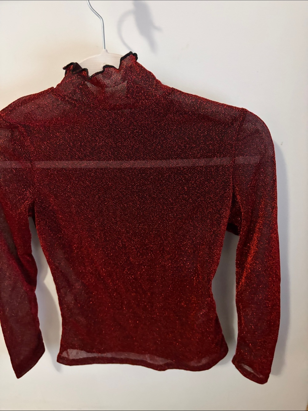 Sheer Glitter Long-Sleeve Mock Neck Top - Red
